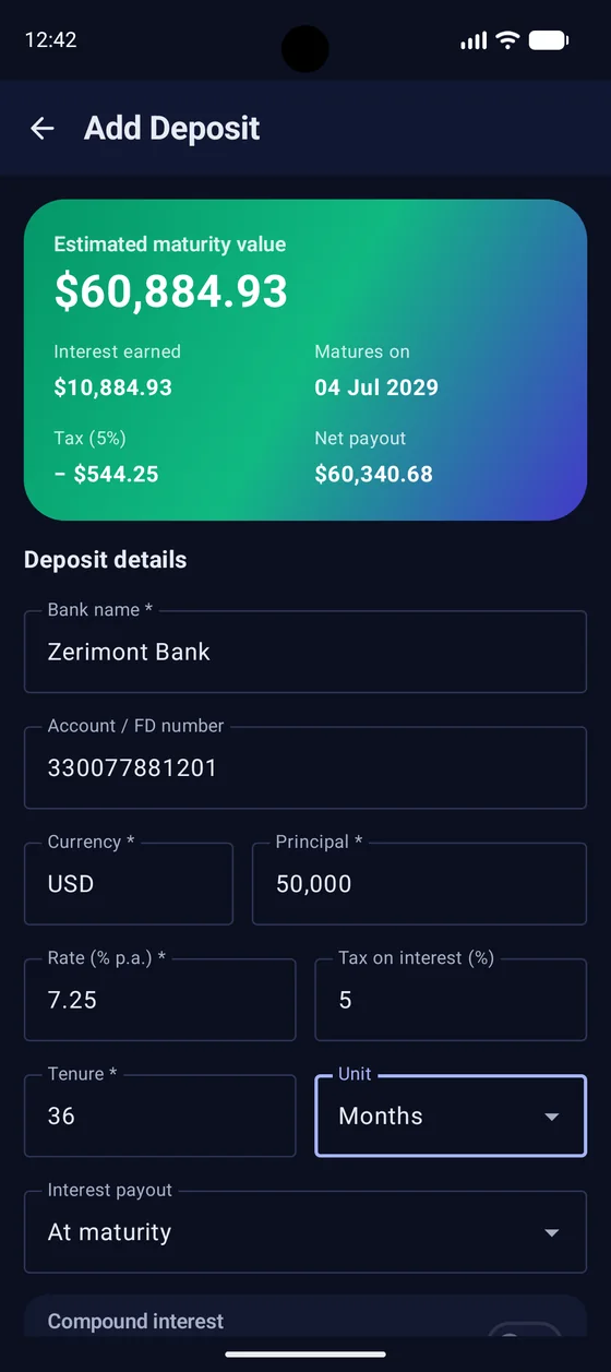 Fixed Deposit Tracker add-deposit screen with a live maturity calculator