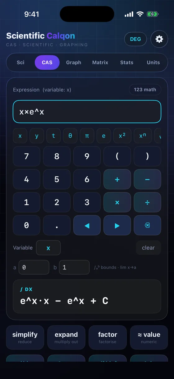 CAS workspace integrating x·eˣ symbolically to eˣ·x − eˣ + C