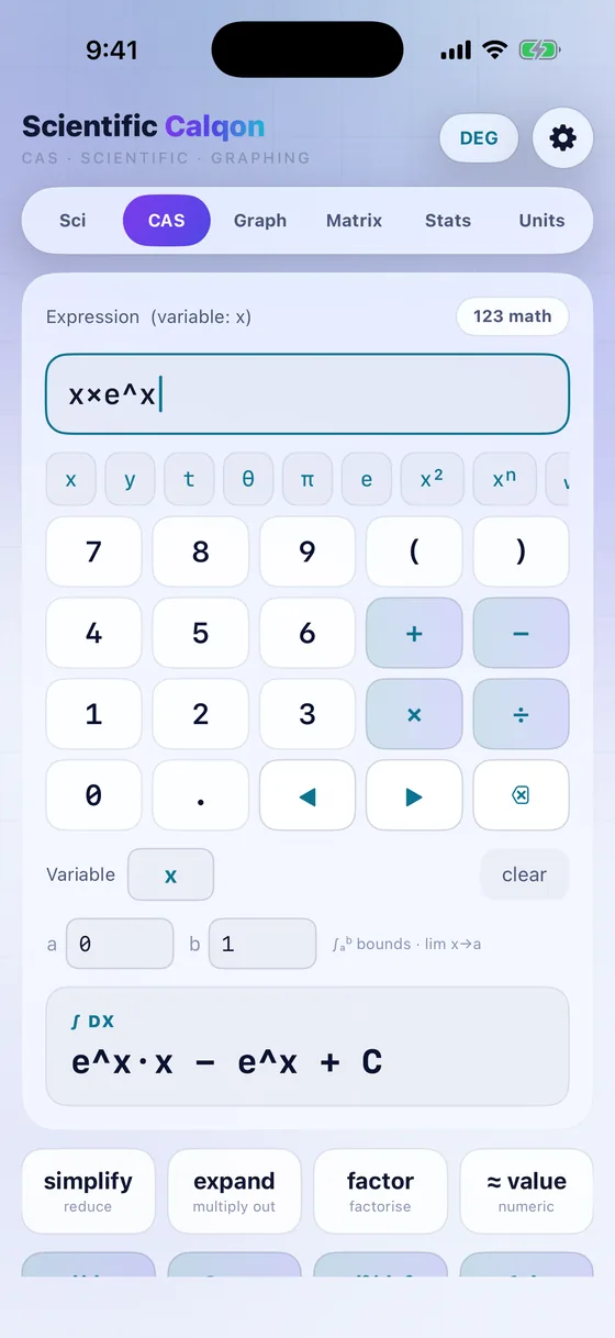 CAS workspace integrating x·eˣ symbolically to eˣ·x − eˣ + C