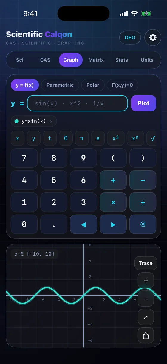 Graph workspace plotting y = sin(x) with pinch-zoom and trace