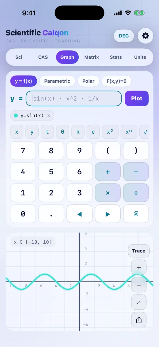 Graph workspace plotting y = sin(x) with pinch-zoom and trace