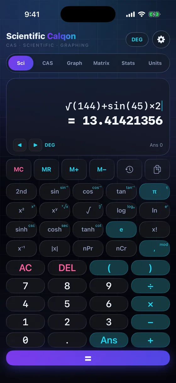 Scientific Calqon keypad evaluating √(144)+sin(45)×2 with a live result