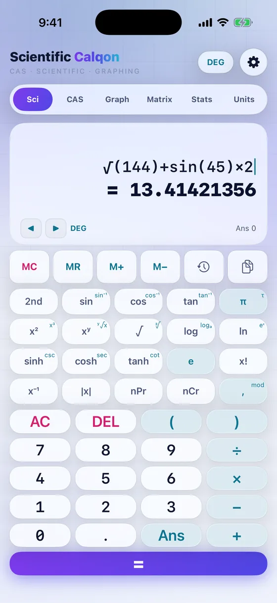 Scientific Calqon keypad evaluating √(144)+sin(45)×2 with a live result